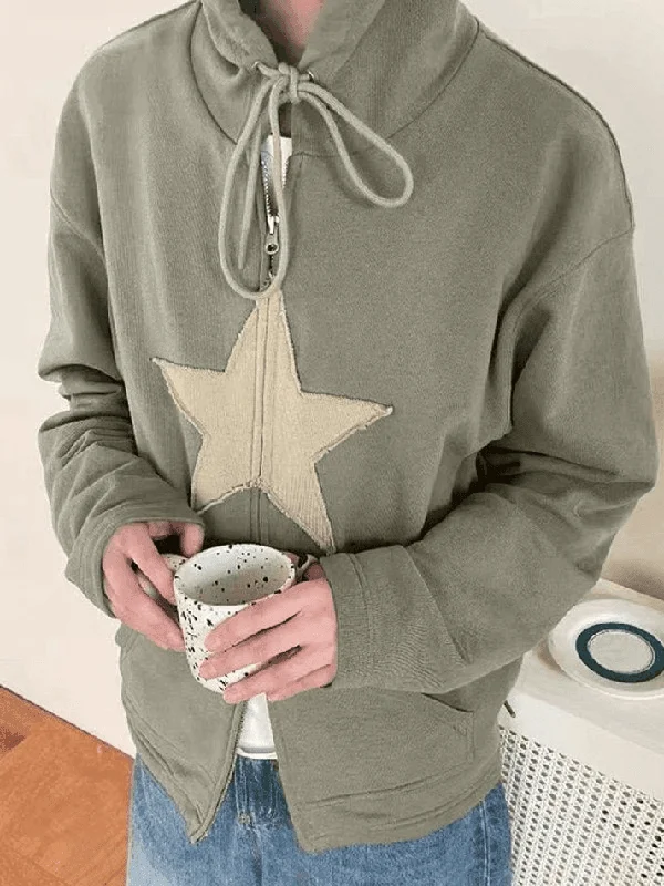 Vintage Star Patch Baggy Zip Up Hoodie Hoodie with Ribbed Hem Stretchable Secure