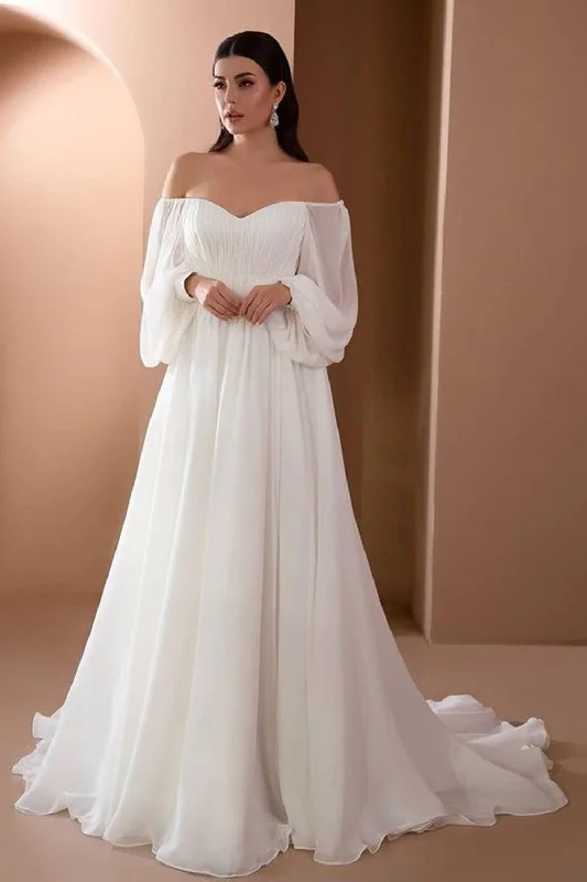 White Off the Shoulder Long Sleeves A-Line Wedding Party Dress Boatneck Modish Everyday White Off the Shoulder Long Sleeves A-Line Wedding Party Dress Boatneck Modish Everyday
