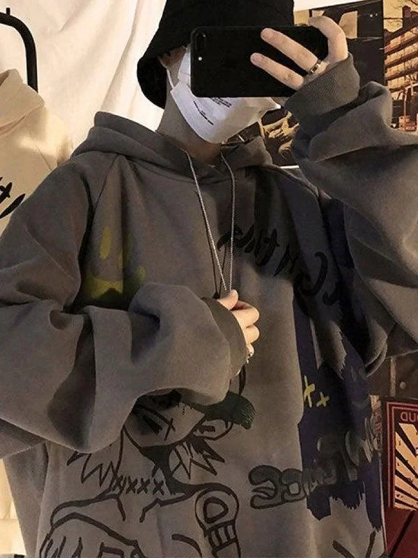 Men's Oversize Graffiti Print Hoodie Hoodie with Frayed Bohemian Relaxed