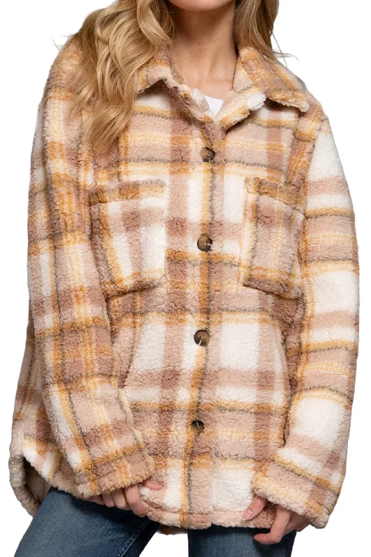 Women's Button Down Oversized Printed Faux Fur Jacket - Long Sleeve, Polyester Belted Jacket Elasticated Jacket Padded Jacket