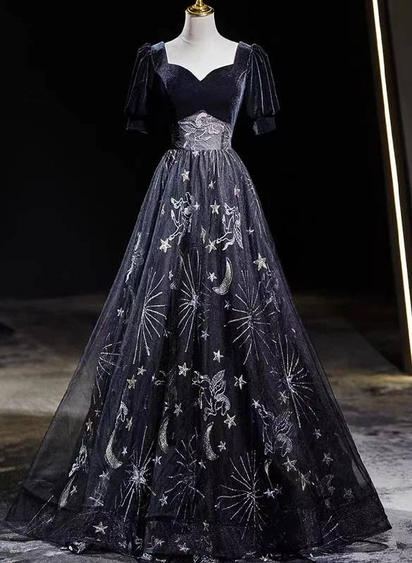 Black Tulle and Velvet A-line Long Party Dress, Black Long Prom Dress Tunics Timeless classic Black Tulle and Velvet A-line Long Party Dress, Black Long Prom Dress Tunics Timeless classic