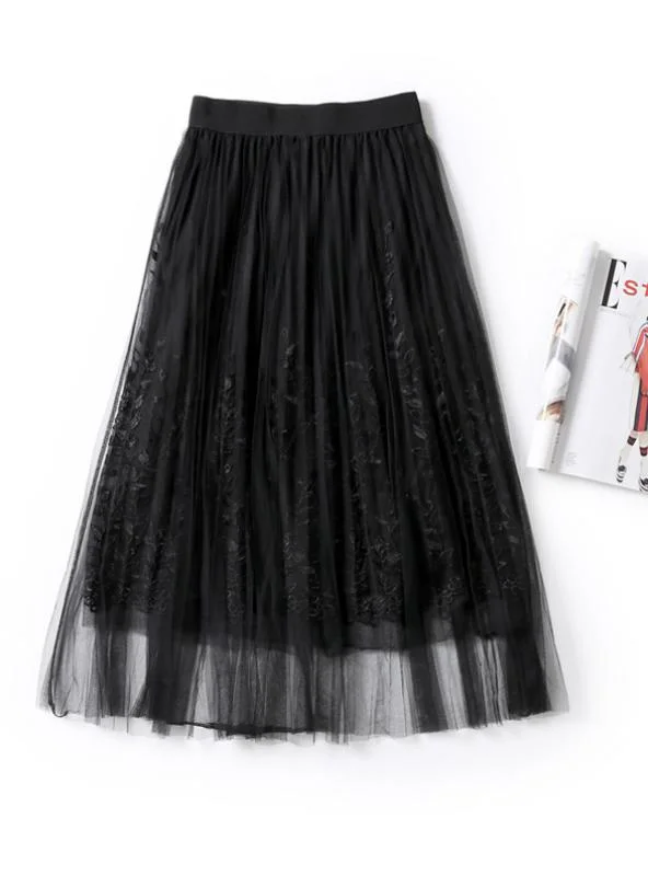 Embroidery A-Line Tutu Lace Mesh Skirt asymmetrical skirt cut