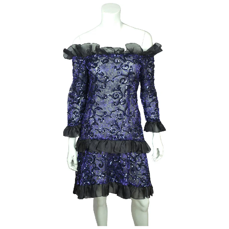 Vintage 1980s Yves Saint Laurent Violet Blue Sequin Lace Party Dress Size M Tunics Summer linen Vintage 1980s Yves Saint Laurent Violet Blue Sequin Lace Party Dress Size M Tunics Summer linen