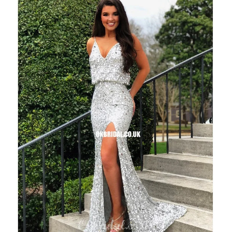 Spaghetti Straps Mermaid Silver Sequin V-neck Sparkle Slit Prom Dresses, FC4173 Tunics Business professional Spaghetti Straps Mermaid Silver Sequin V-neck Sparkle Slit Prom Dresses, FC4173 Tunics Business professional