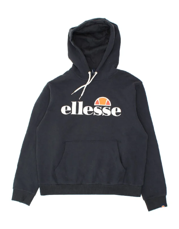 ELLESSE Womens Oversized Graphic Hoodie Jumper UK 14 Large Navy Blue Hoodie with Mock Neck Collared Structured ELLESSE Womens Oversized Graphic Hoodie Jumper UK 14 Large Navy Blue Hoodie with Mock Neck Collared Structured