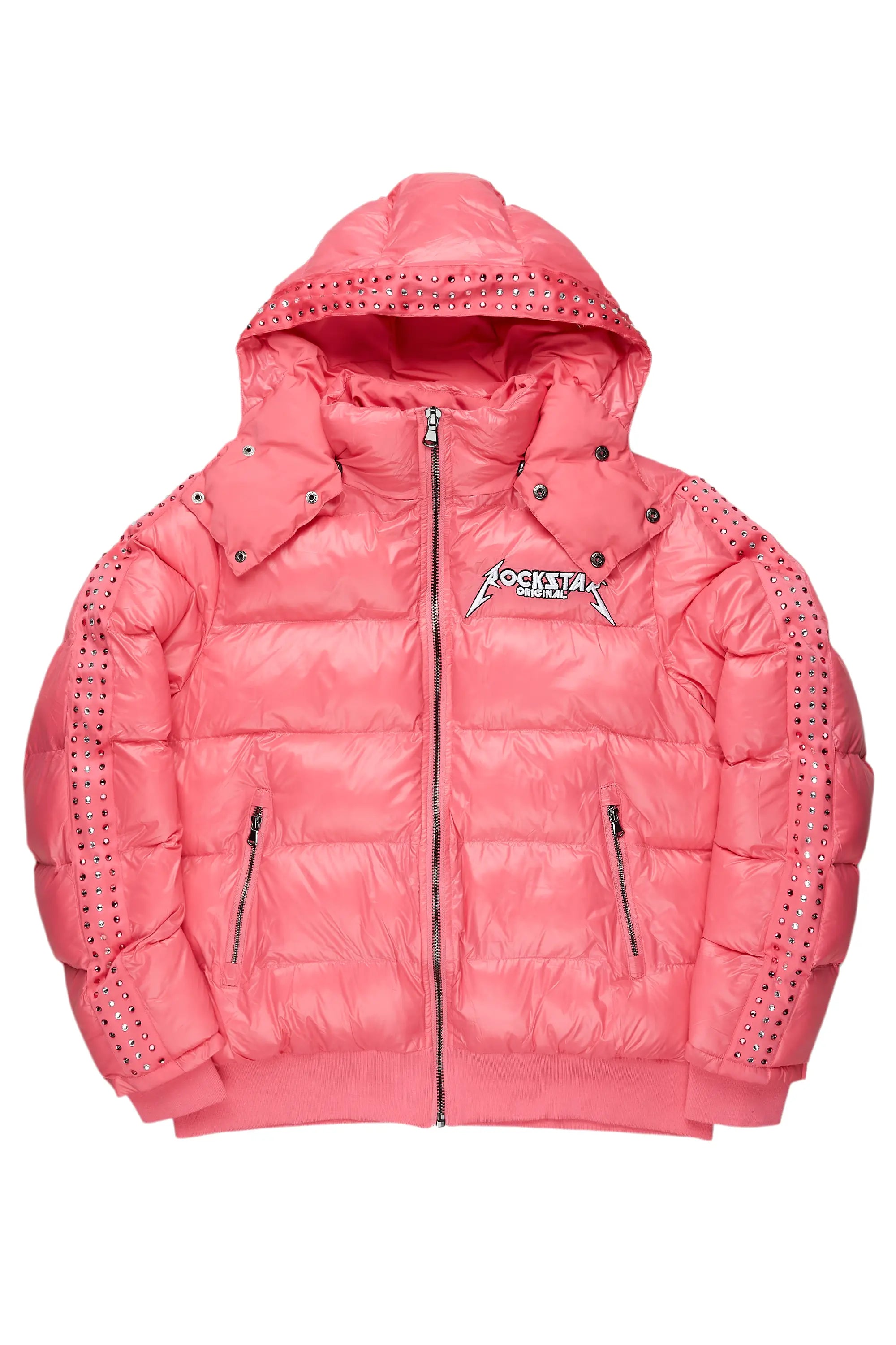 Banklee Pink Puffer Jacket Front Pockets Side Pockets Patch Pockets