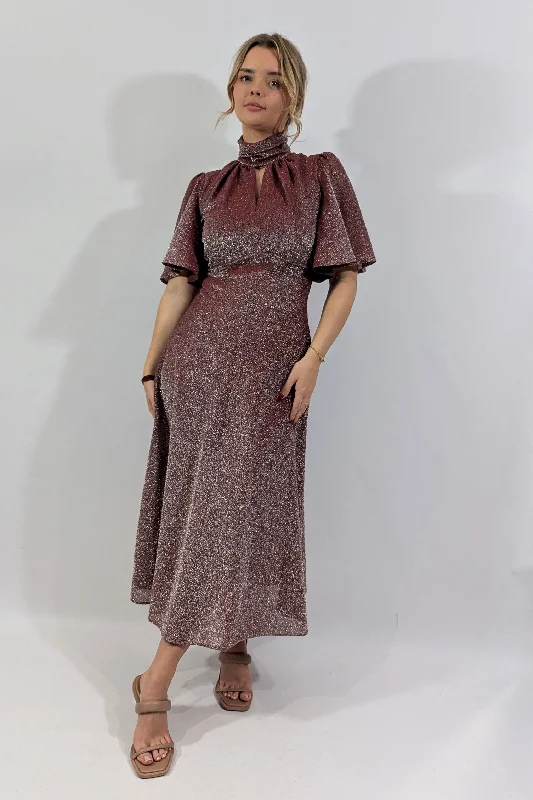 1970s High Neck Flutter Sleeve Lurex Party Dress Tunics Practical easy-care