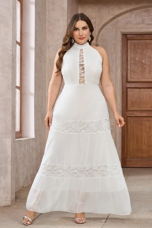 White A-Line Halter Lace Long Party Dress Cowl Neckline Elegant