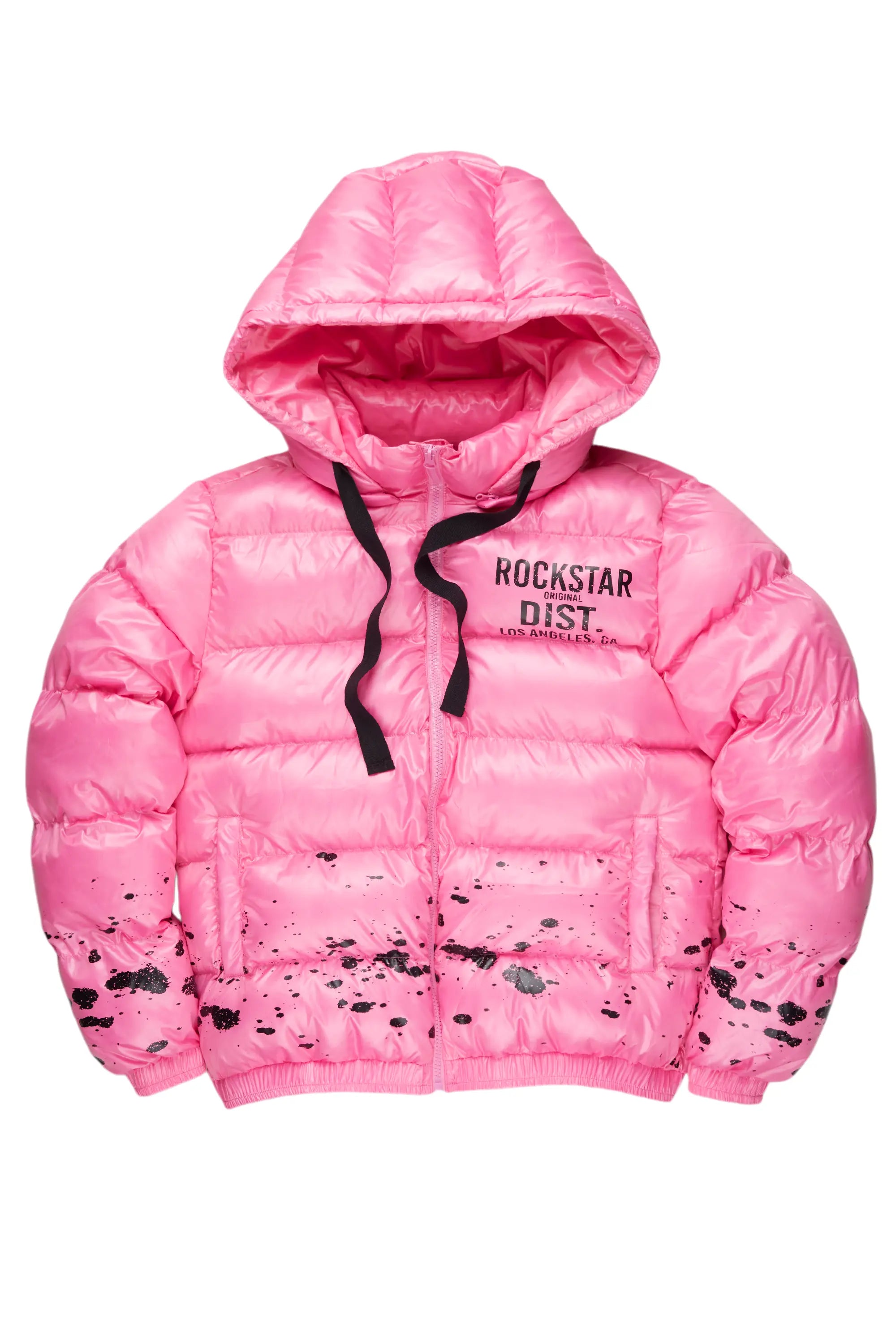 Art Dist. 2.0 Pink Puffer Jacket Denim Fabric Leather Fabric Suede Fabric