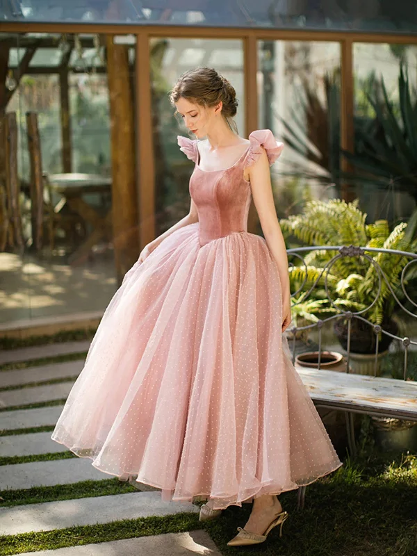 Pink Tulle and Velvet Tea Length Wedding Party Dress, Pink Formal Dress Tunics Party sparkling Pink Tulle and Velvet Tea Length Wedding Party Dress, Pink Formal Dress Tunics Party sparkling