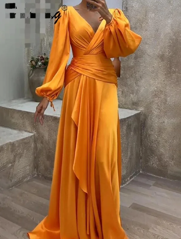 Women's Elegant Solid Color V Neck Puff Sleeve Pleated A-Line Prom Party Dress M 127186 Tunics Velvet soft
