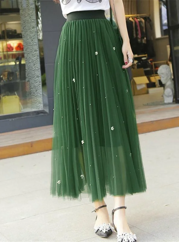 High Waist Mesh Midi Skirts Women Beading Slim belted skirt waist