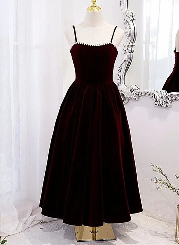 Wine Red Velvet Tea Length Party Dress, Wine Red Straps Homecoming Dress Tunics Sophisticated sleek Wine Red Velvet Tea Length Party Dress, Wine Red Straps Homecoming Dress Tunics Sophisticated sleek