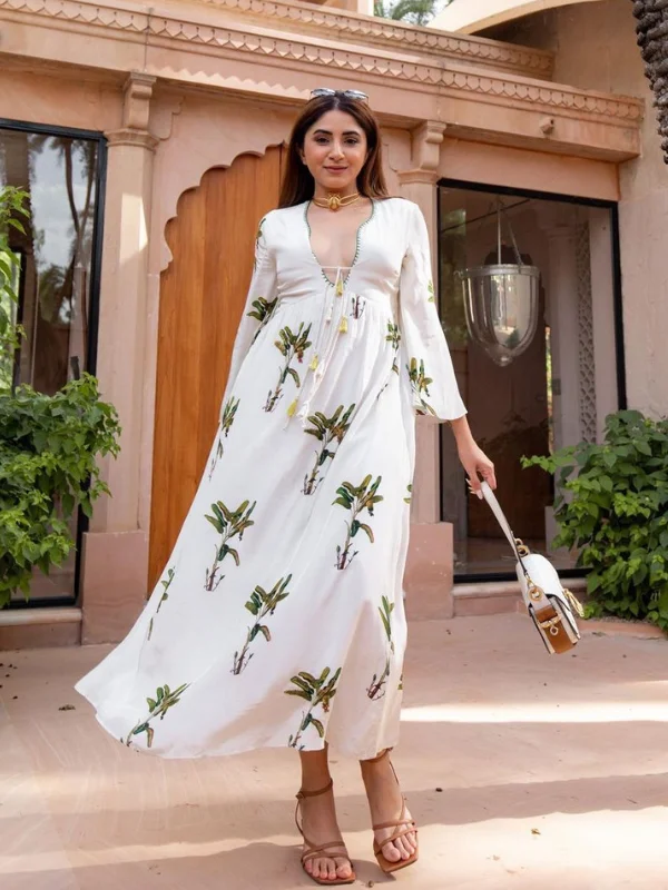 Off-White Hand painted Banana Tree Print Dress Tunics Canvas sturdy