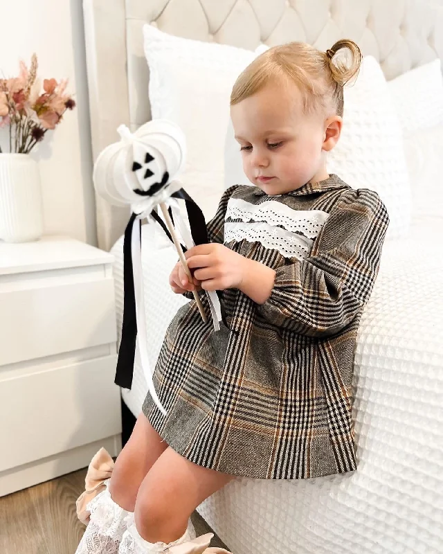 AW22 Foque Brown Check & White Lace Dress Tunics Summer linen