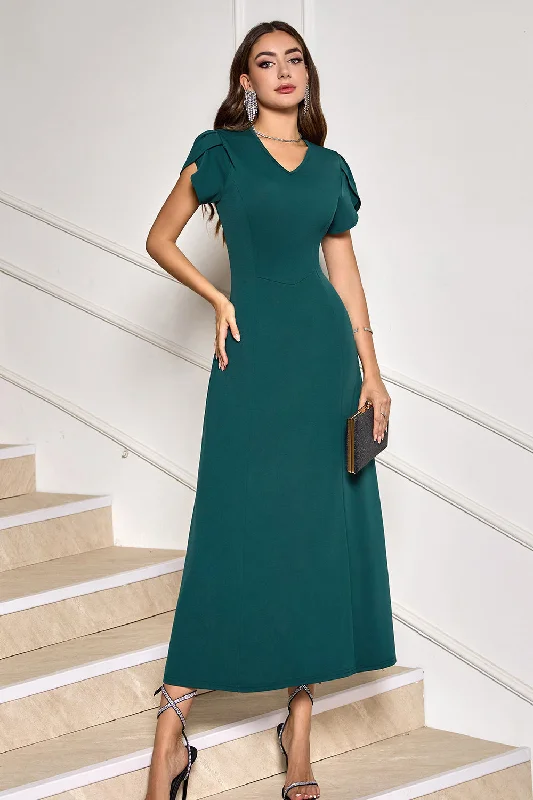 Dark Green V-Neck Midi Cocktail Party Dress with Short Sleeves Tunics Bridal satin