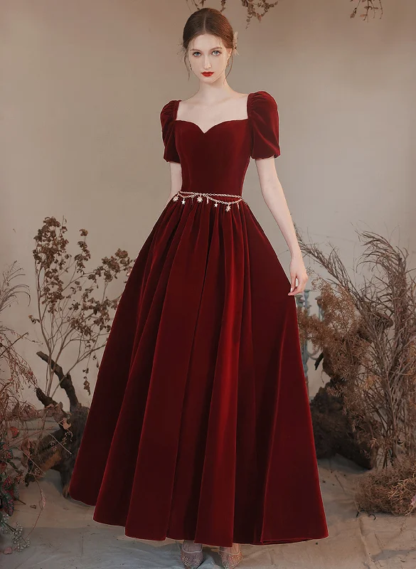 Wine Red Velvet Long A-line Party Dress, Wine Red Evening Dress Prom Dress Tunics Cozy soft