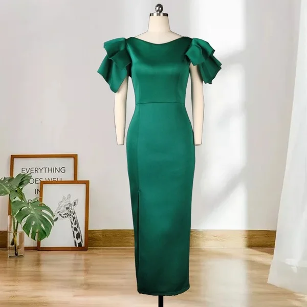 Green Short Cloak Sleeve Ruffles High Slit Long Party Dress Lace Sexy Club