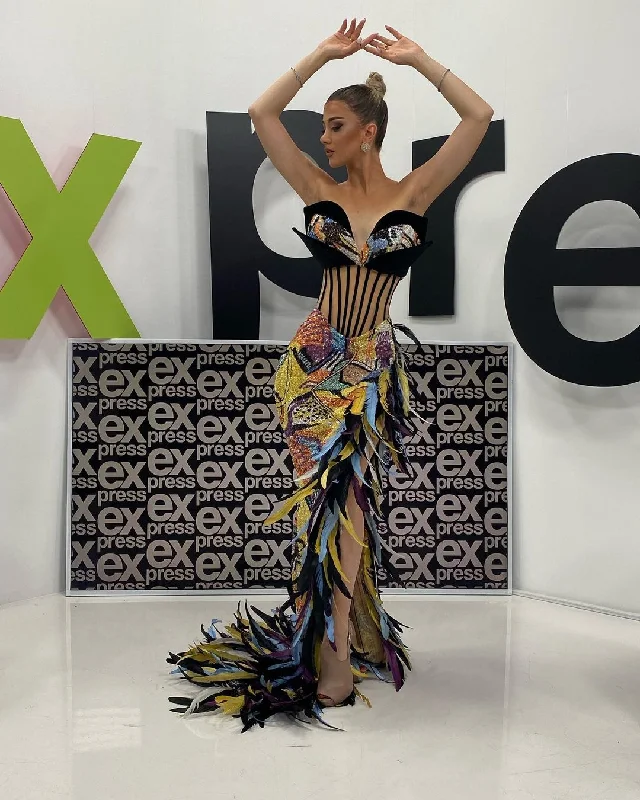 Colorful Feathered Dress with Boning Corset Tunics Sale discount