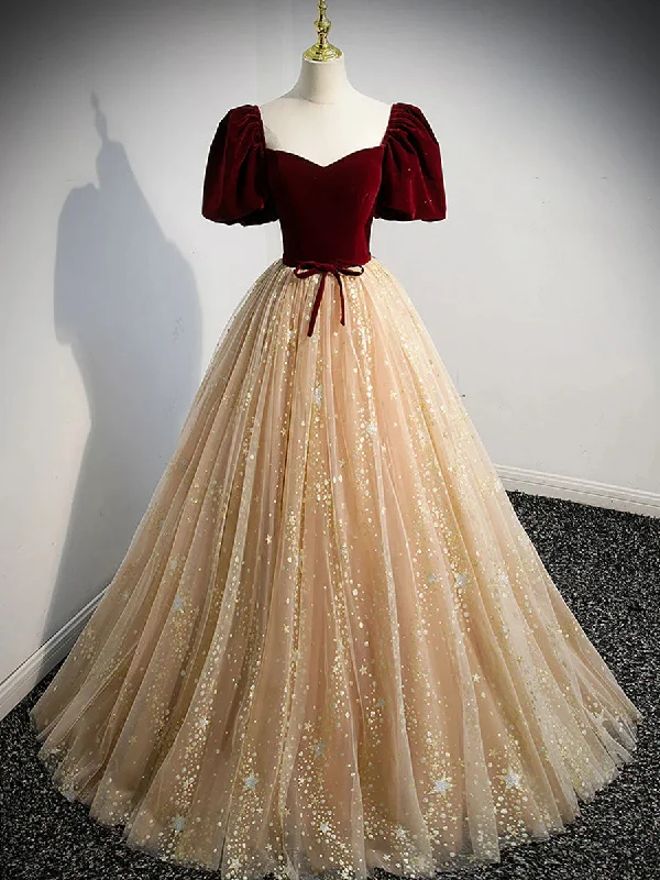 A-line Tulle and Velvet Short Sleeves Party Dress, Sweetheart Long Prom Dress Tunics Bestseller popular A-line Tulle and Velvet Short Sleeves Party Dress, Sweetheart Long Prom Dress Tunics Bestseller popular