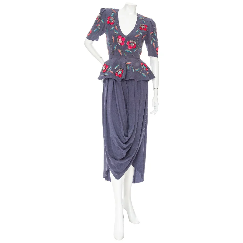 1970s Dusty Blue Silk Two-Piece Beaded Floral Draped Dress Tunics Exclusive limited