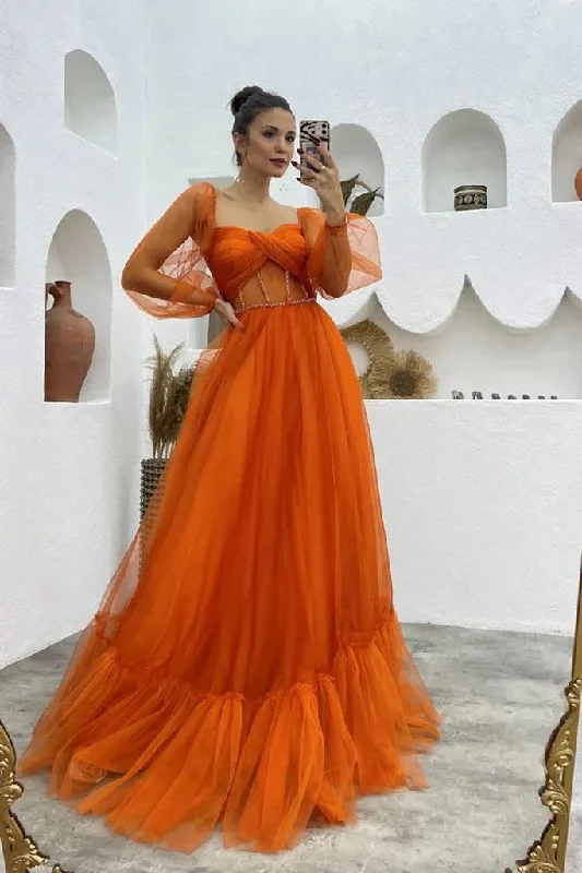 A Line Tulle Orange Long Sleeves Long Prom Dresses Long Evening Party Dresses DM1940 Tunics Leisure comfortable