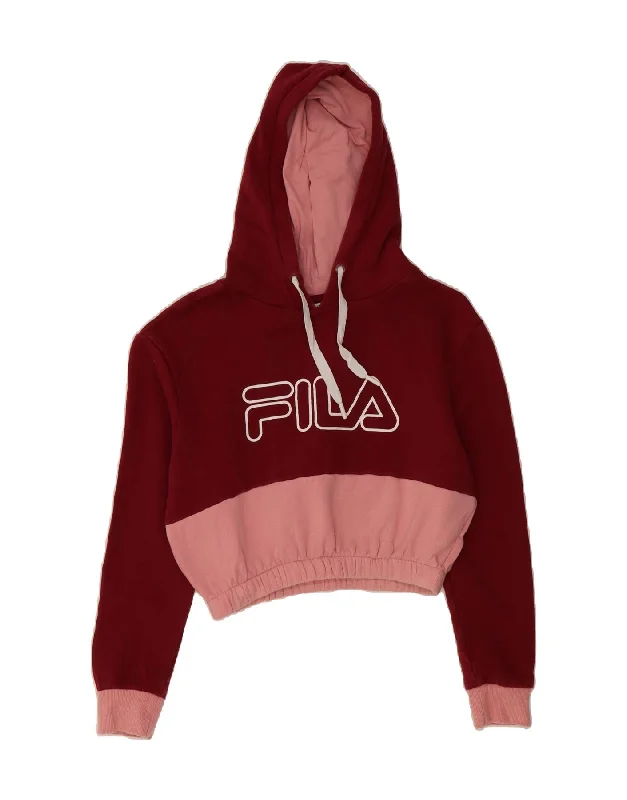 FILA Womens Crop Graphic Hoodie Jumper UK 6 XS Burgundy Colourblock Cotton Hoodie with Stripes Bold Sporty FILA Womens Crop Graphic Hoodie Jumper UK 6 XS Burgundy Colourblock Cotton Hoodie with Stripes Bold Sporty
