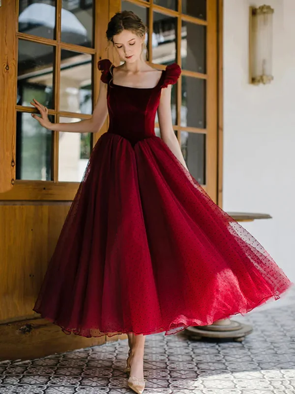 Wine Red Velvet and Tulle Low Back Party Dress, Wine Red Tea Length Prom Dress Tunics Spring floral Wine Red Velvet and Tulle Low Back Party Dress, Wine Red Tea Length Prom Dress Tunics Spring floral