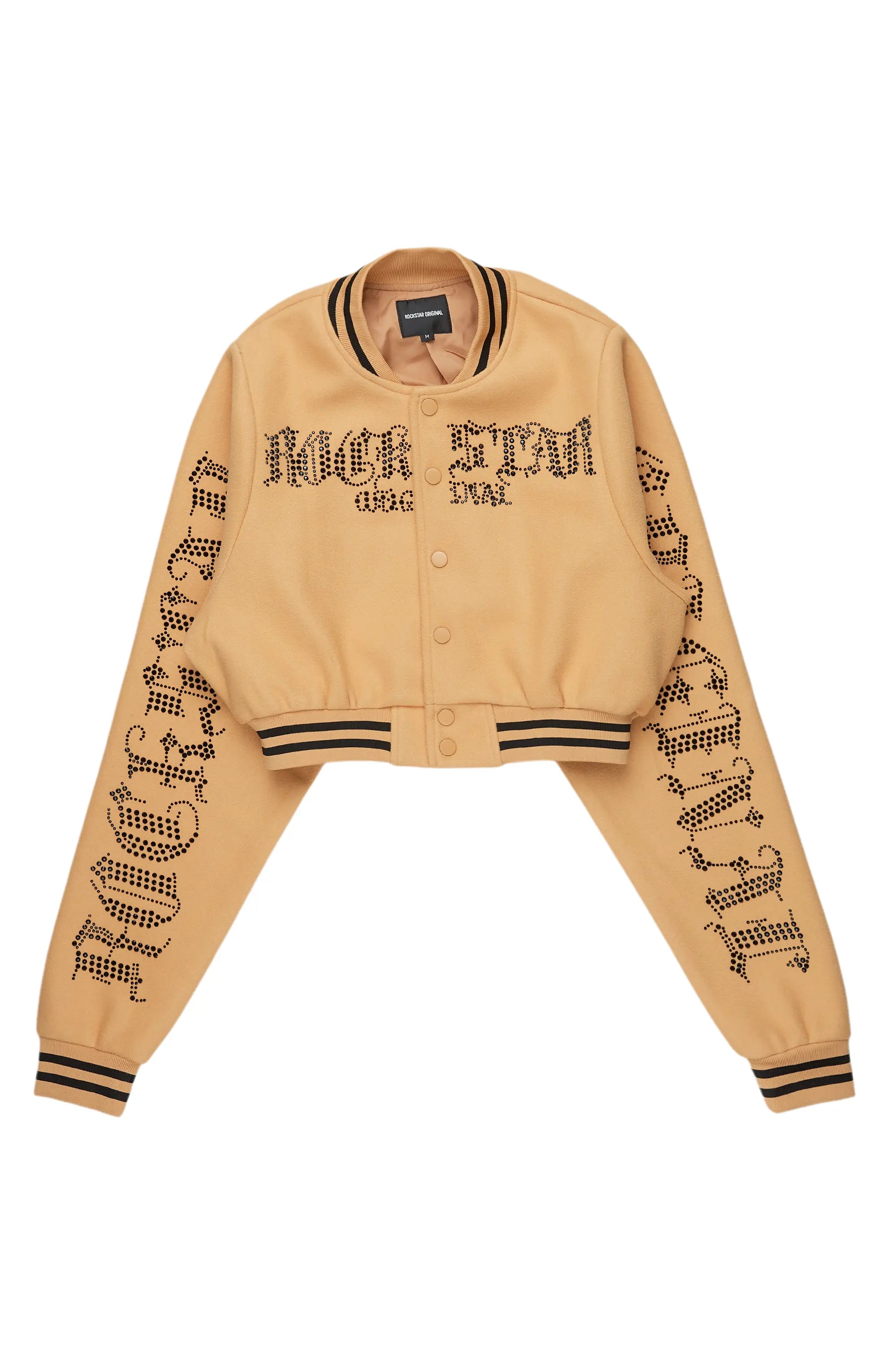 Gianni Tan Crop Rhinestone Varsity Jacket Notch Collar Peter Pan Collar Cowl Neck