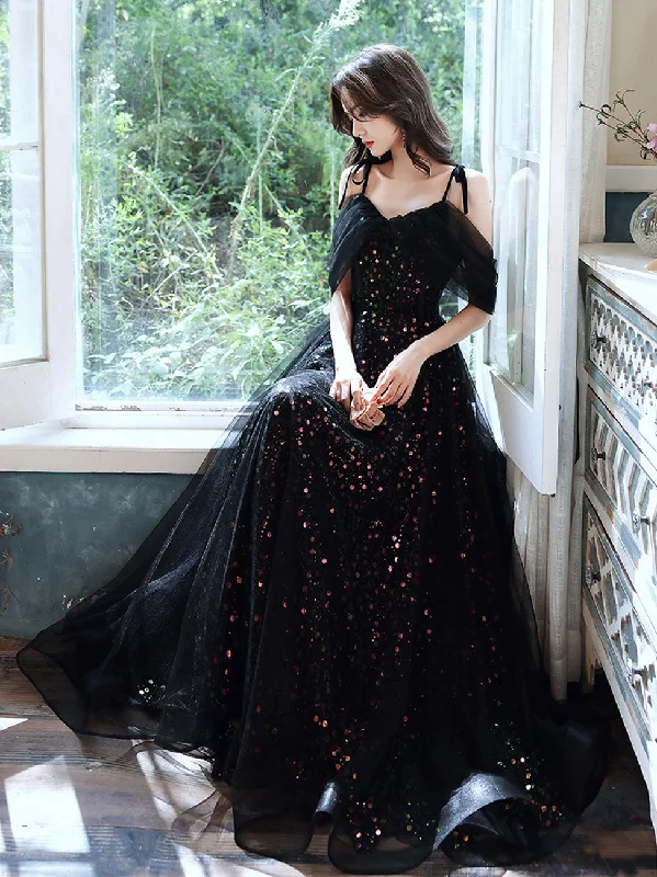 Black A-Line Long Prom Dresses, Black Formal Graduation Party Dress sweetheart Neckline Romantic Black A-Line Long Prom Dresses, Black Formal Graduation Party Dress sweetheart Neckline Romantic
