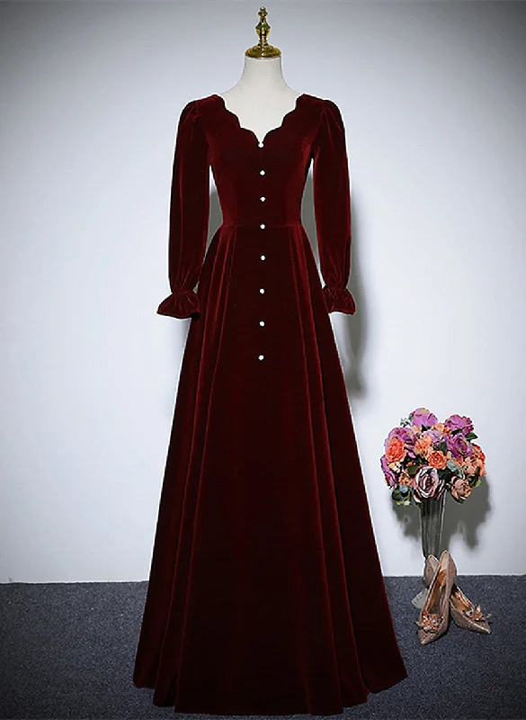 Wine Red Velvet Long Sleeves Wedding Party Dress, A-line Velvet Prom Dress Peplum Ruffle Cocktail Wine Red Velvet Long Sleeves Wedding Party Dress, A-line Velvet Prom Dress Peplum Ruffle Cocktail