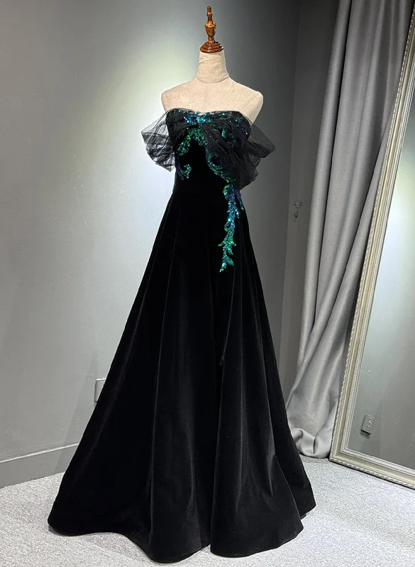 A-line Black Velvet and Tulle Off Shoulder Party Dress, Black Long Prom Dress Tunics Trendy modern A-line Black Velvet and Tulle Off Shoulder Party Dress, Black Long Prom Dress Tunics Trendy modern
