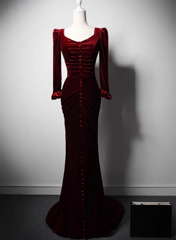 Wine Red Long Sleeves Velvet Mermaid Long Party Dress, Wine Red Long Formal Dress Tunics Chic elegant Wine Red Long Sleeves Velvet Mermaid Long Party Dress, Wine Red Long Formal Dress Tunics Chic elegant