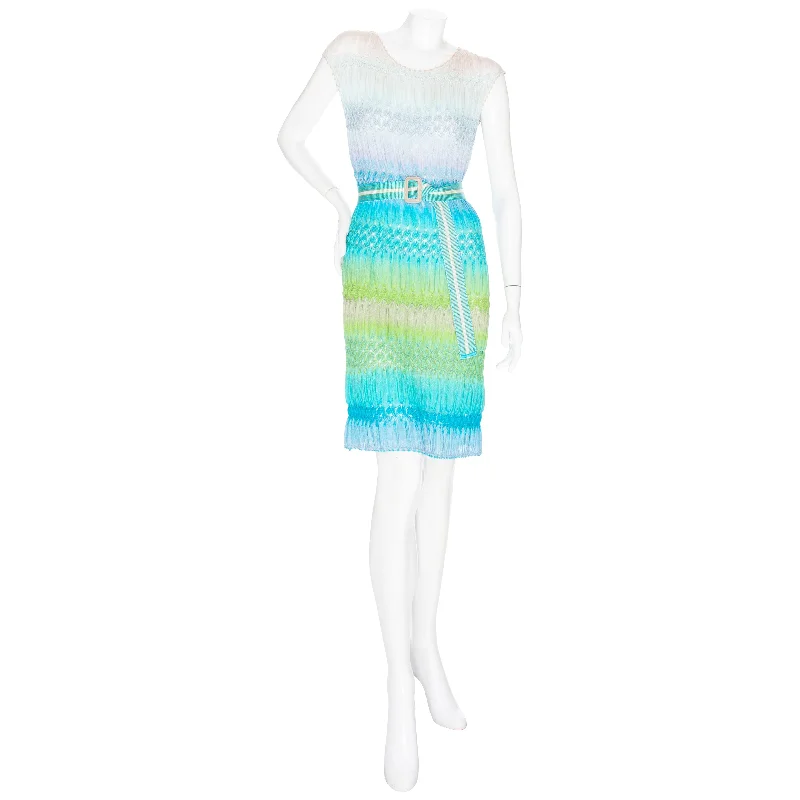 Blue and Green Viscose-Blend Knit Belted Dress Tunics Stylish elegant