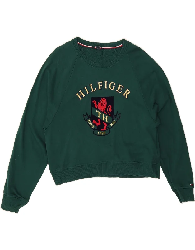 TOMMY HILFIGER Womens Oversized Crop Sweatshirt Jumper UK 16 Large Green Hoodie with Hidden Zipper Minimalist Clean