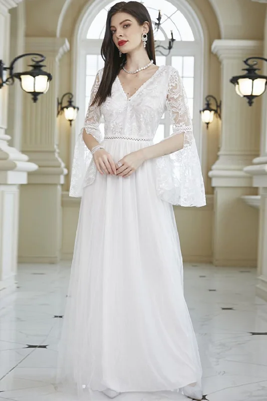 White A-Line V Neck Lace Bell Sleeves Long Wedding Party Dress Tunics Distressed trendy