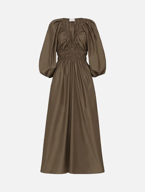 Shirred Plunge Button Dress in Birch Crew Neckline Sporty