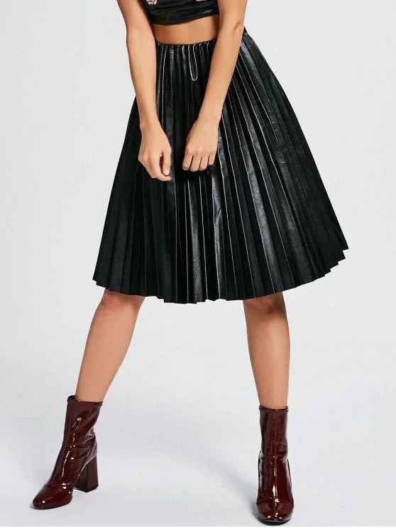 Trendy High Waist Pleated Faux Leather Skirt denim skirt classic