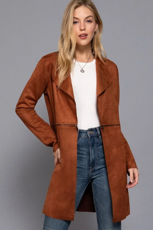 Faux Suede Long Jacket with Zipper Detail Striped Jacket Polka Dot Jacket Floral Jacket Faux Suede Long Jacket with Zipper Detail Striped Jacket Polka Dot Jacket Floral Jacket