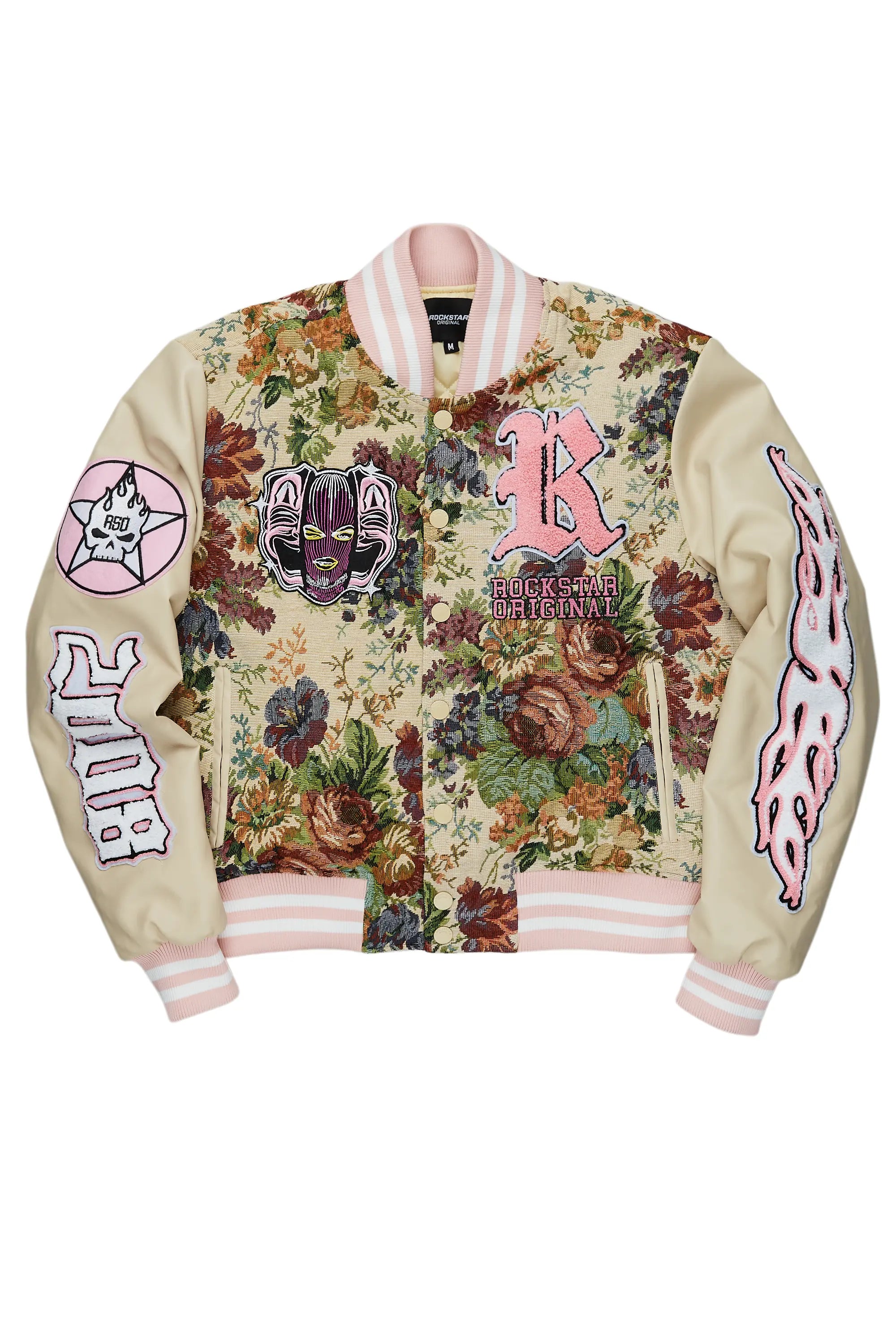 Lakiela Beige Oversized Tapestry Varsity Jacket Welt Pockets Slit Pockets Flap Pockets Lakiela Beige Oversized Tapestry Varsity Jacket Welt Pockets Slit Pockets Flap Pockets
