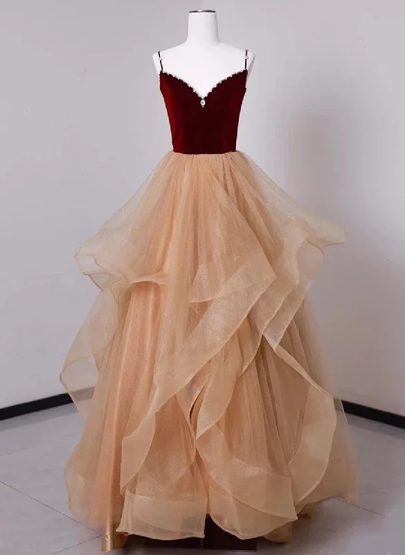 Champagne Tulle and Velvet Low Back Beaded Prom Dress, Long Party Dress Mermaid Tail Wedding Champagne Tulle and Velvet Low Back Beaded Prom Dress, Long Party Dress Mermaid Tail Wedding