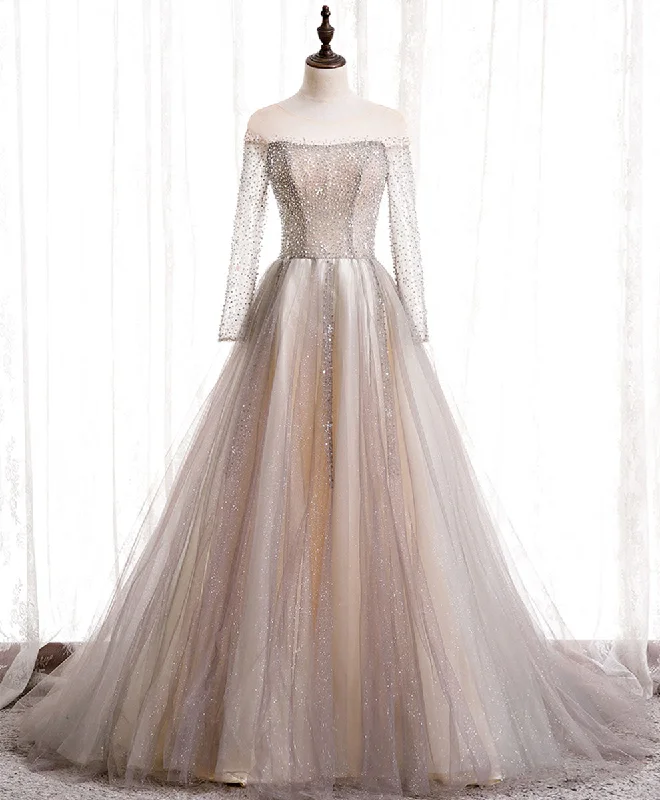 Light Champagne Long Prom Dress, A line Sequin Formal Evening Party Dress Tunics Long Elegant Light Champagne Long Prom Dress, A line Sequin Formal Evening Party Dress Tunics Long Elegant