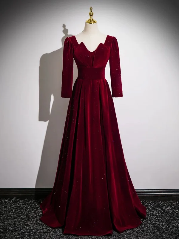 Elegant Wine Red Velvet Long Sleeves Party Dress, A-line Wine Red Prom Dress Tunics Summer linen Elegant Wine Red Velvet Long Sleeves Party Dress, A-line Wine Red Prom Dress Tunics Summer linen