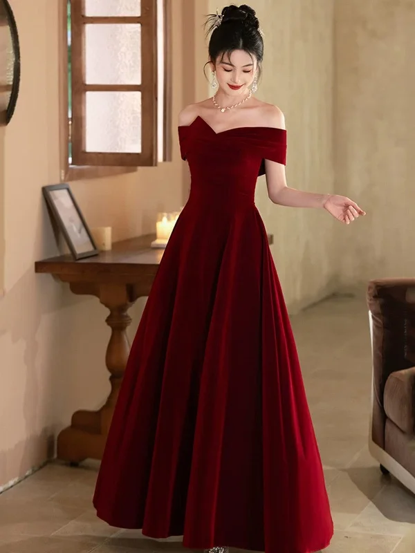 Lovely Wine Red Velvet A-line Off Shoulder Party Dress, Wine Red Velvet Prom Dress Tunics Bridal satin Lovely Wine Red Velvet A-line Off Shoulder Party Dress, Wine Red Velvet Prom Dress Tunics Bridal satin