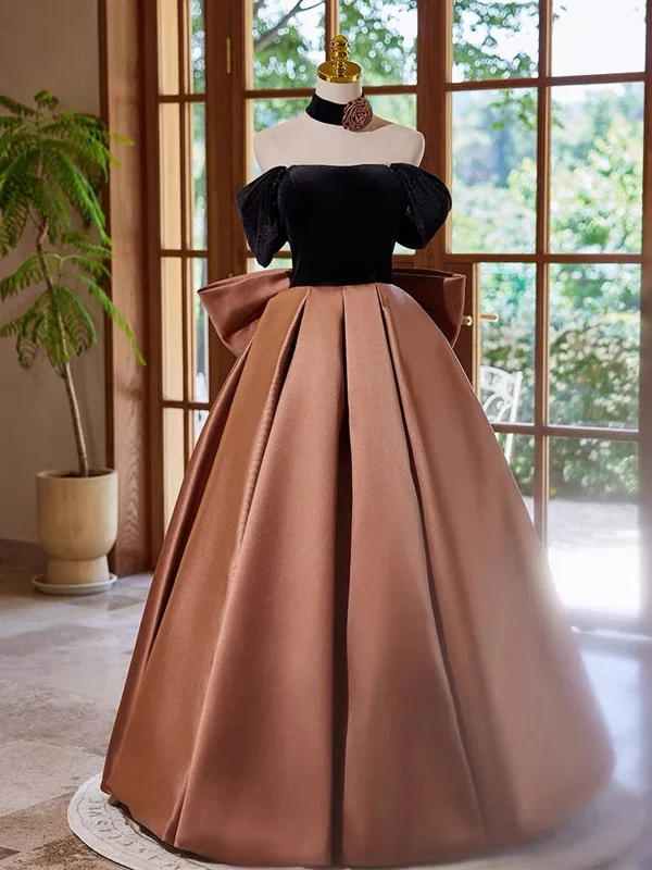 Brown Satin and Black Velvet Prom Dress, Off Shoulder A-line Party Dress Tunics Evening elegant Brown Satin and Black Velvet Prom Dress, Off Shoulder A-line Party Dress Tunics Evening elegant