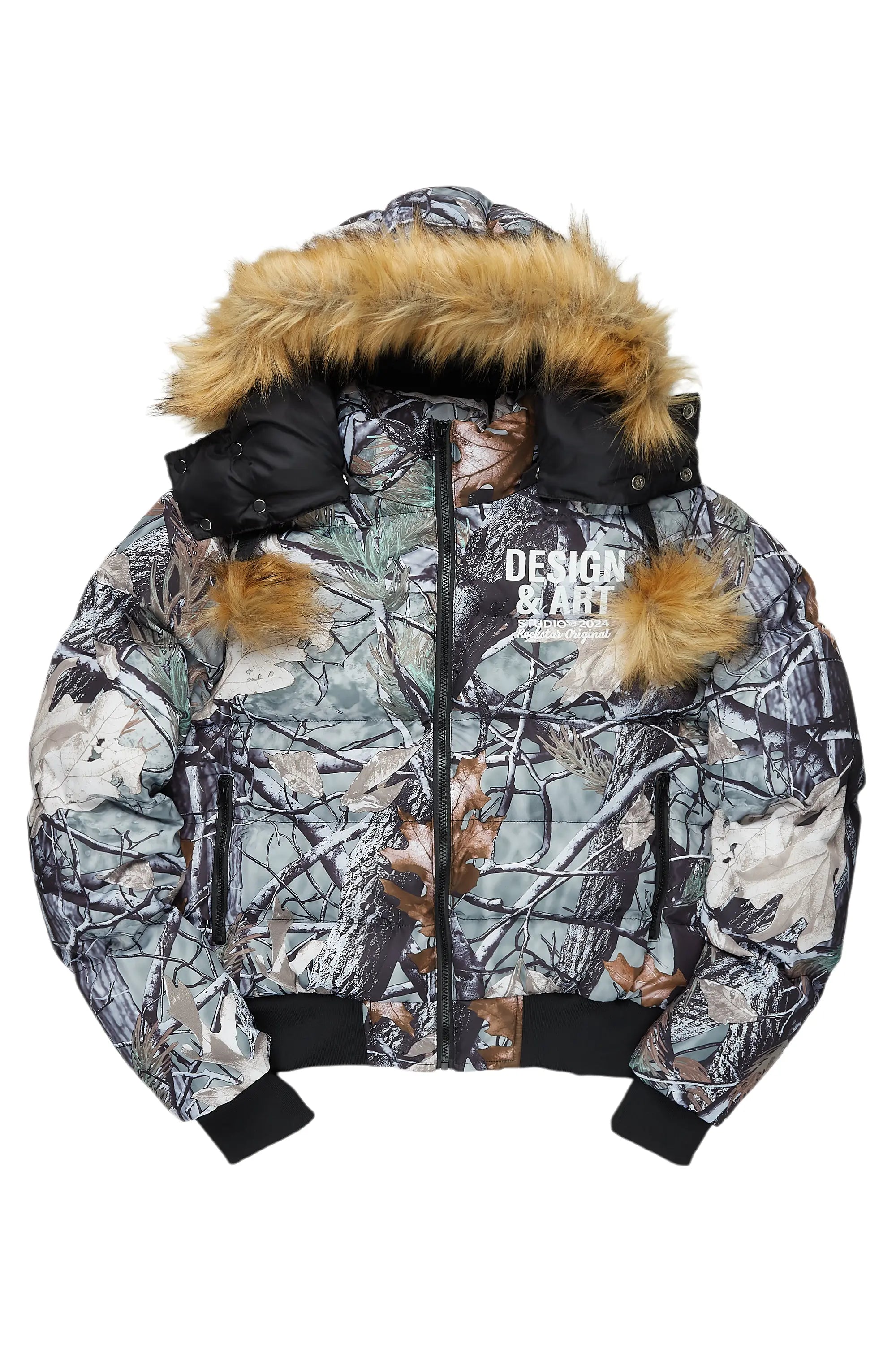 Benita Grey Tree Camo Puffer Jacket Print Jacket Jacquard Jacket Patchwork Jacket
