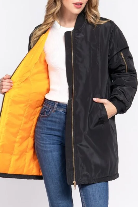 Women's Casual long bomber zip up jacket coat Front Pockets Side Pockets Patch Pockets Women's Casual long bomber zip up jacket coat Front Pockets Side Pockets Patch Pockets