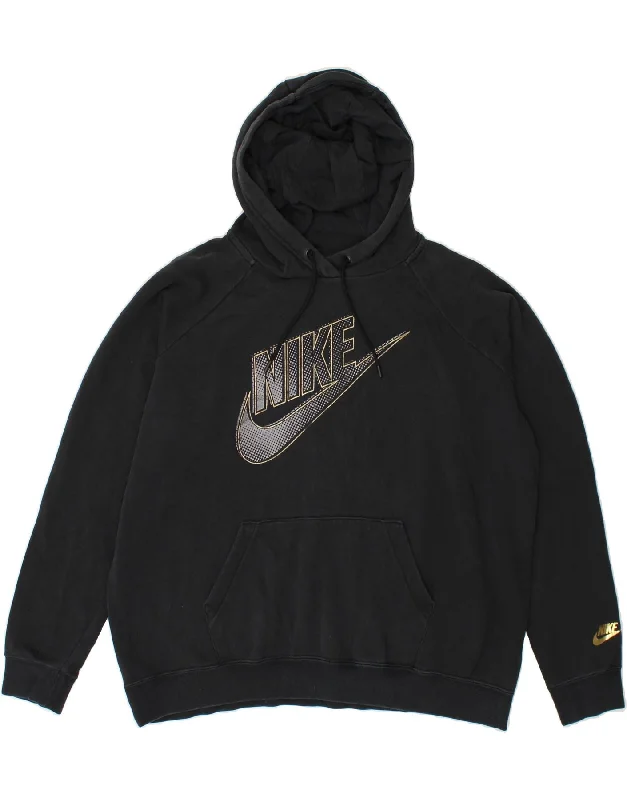 NIKE Womens Oversized Graphic Hoodie Jumper UK 18 XL Black Cotton Hoodie with Hem Lace Feminine Delicate