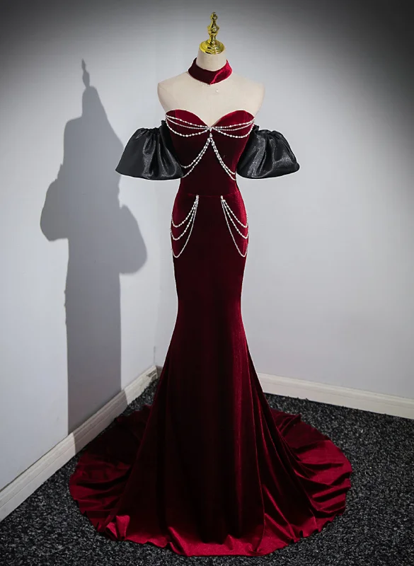 Wine Red Mermaid Velvet Off Shoulder Party Dress, Wine Red Long Evening Dress Prom Dress Tunics Distressed trendy Wine Red Mermaid Velvet Off Shoulder Party Dress, Wine Red Long Evening Dress Prom Dress Tunics Distressed trendy