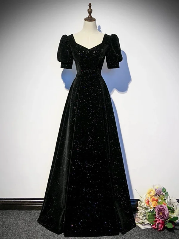 Black A-line Velvet Long Prom Dress Party Dress, Black Short Sleeves Prom Dress Tunics Designer luxury Black A-line Velvet Long Prom Dress Party Dress, Black Short Sleeves Prom Dress Tunics Designer luxury